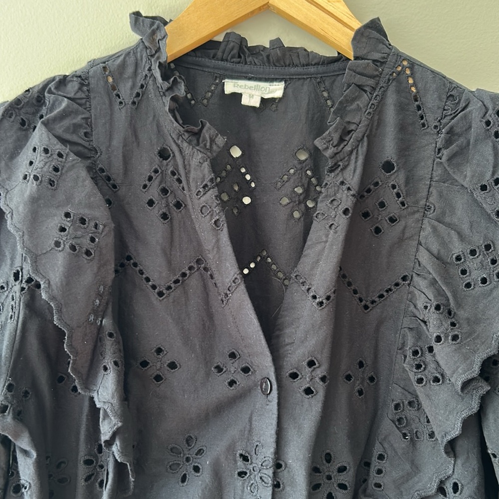 Rebellion Black Eyelet Puff Sleeve Button Front Top - Picture 3 of 8